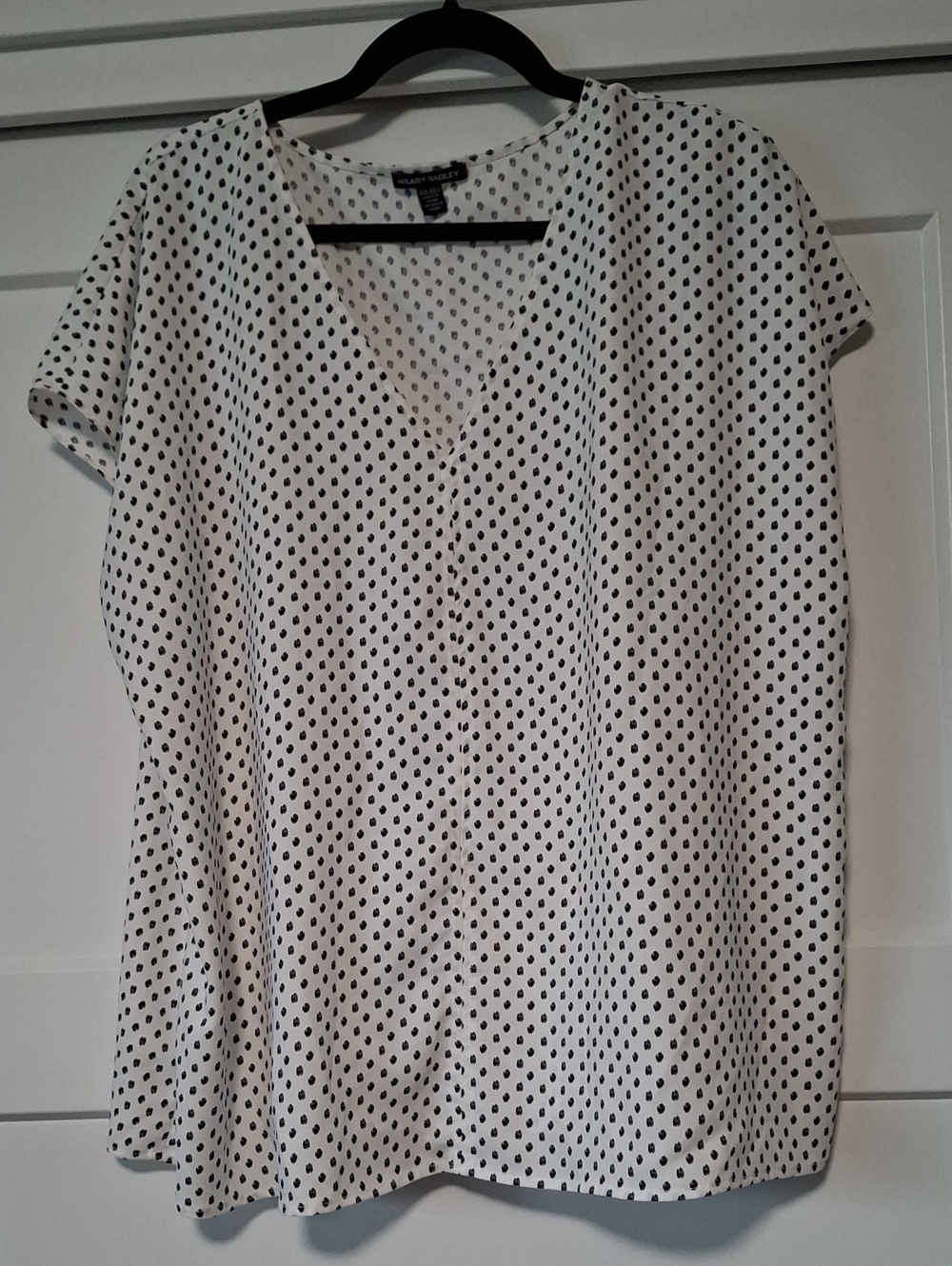 Hilary Radley White V-Neck Black Polka Dot Blouse